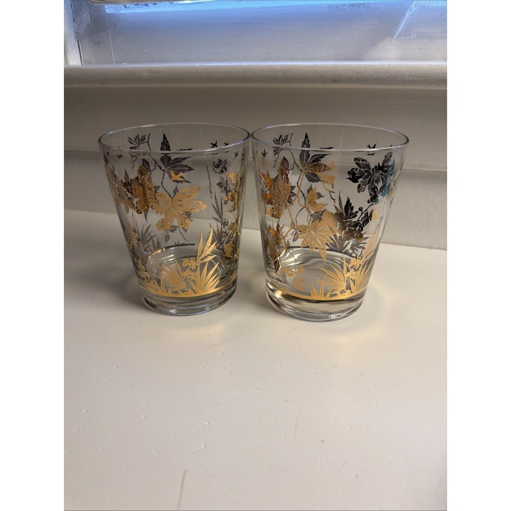 2 Vtg William Meier Double Old Fashioned Glasses Gold MCM Barware